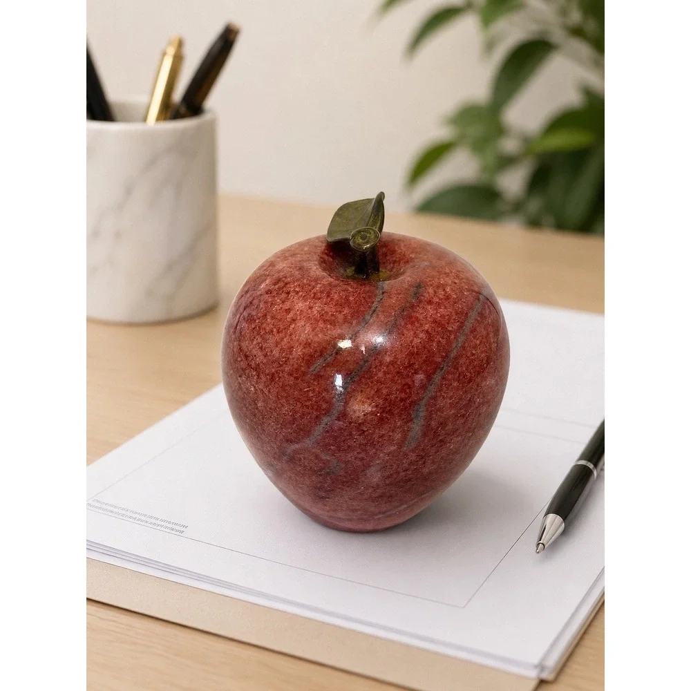 Apple Paperweight Red stone brass stem, Vintage, Desk Decor